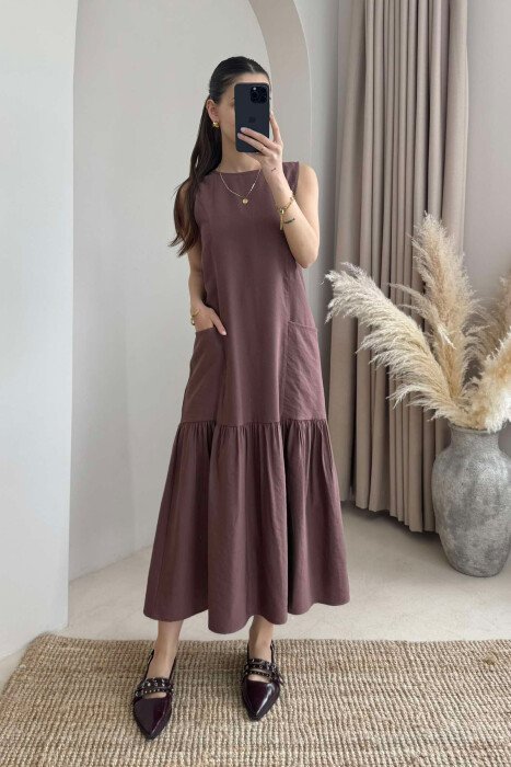 FRONT POCKETS DETAIL WOMEN DRESS BROWN/KAFE - KLAUDIO FASHION