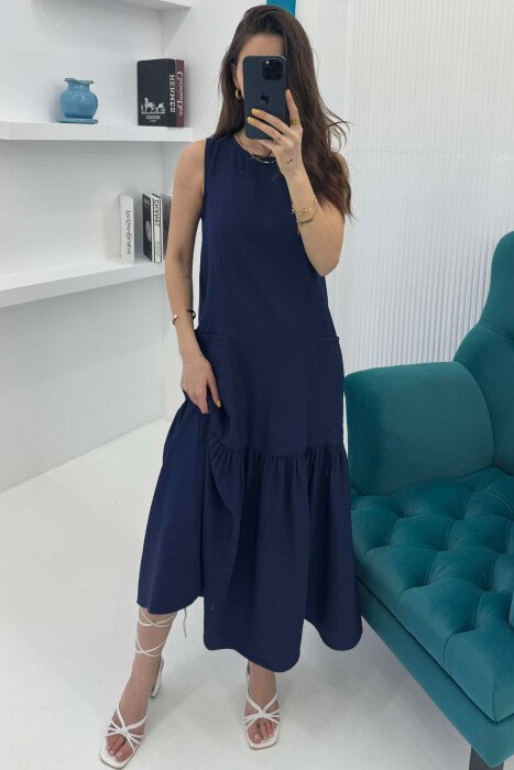 FRONT POCKETS DETAIL WOMEN DRESS DARK BLUE/BEE - KLAUDIO FASHION