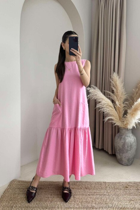 FRONT POCKETS DETAIL WOMEN DRESS PINK/ROZE - KLAUDIO FASHION