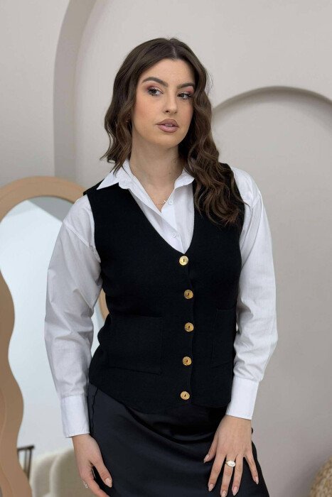 FRONT POCKETS GOLD BUTTONS WOMEN VEST BLACK/ E ZEZE - KLAUDIO FASHION