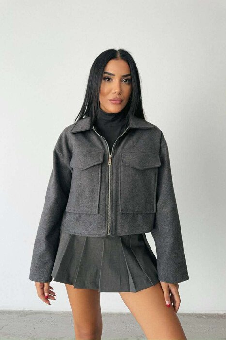 FRONT POCKETS ONE COLOR CROPPED WOMEN JACKET DARK GREY/GEE - 2