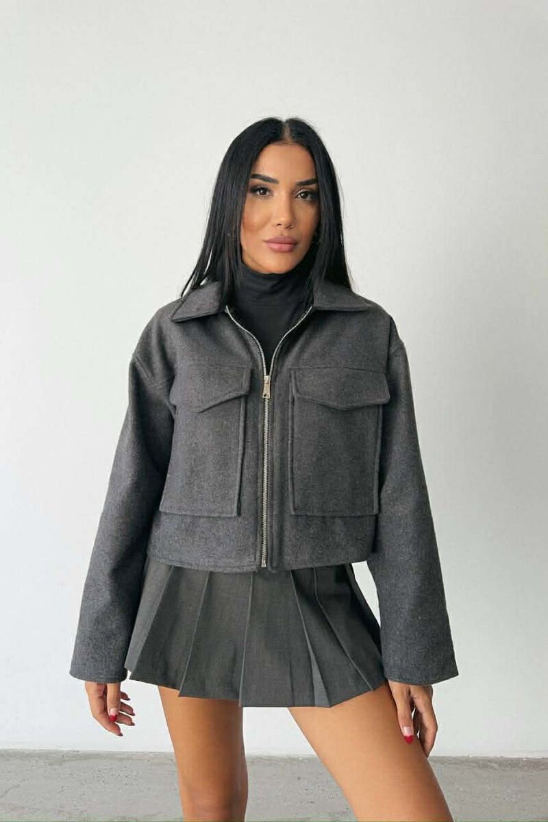 FRONT POCKETS ONE COLOR CROPPED WOMEN JACKET DARK GREY/GEE - 2