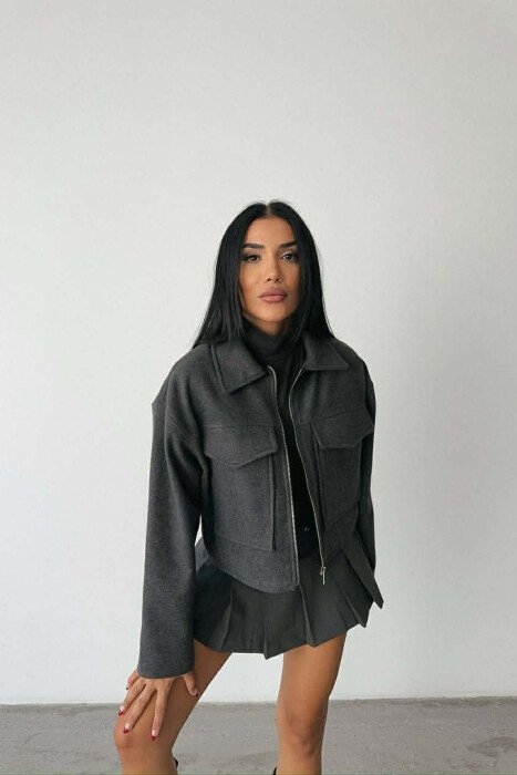 FRONT POCKETS ONE COLOR CROPPED WOMEN JACKET DARK GREY/GEE - 3