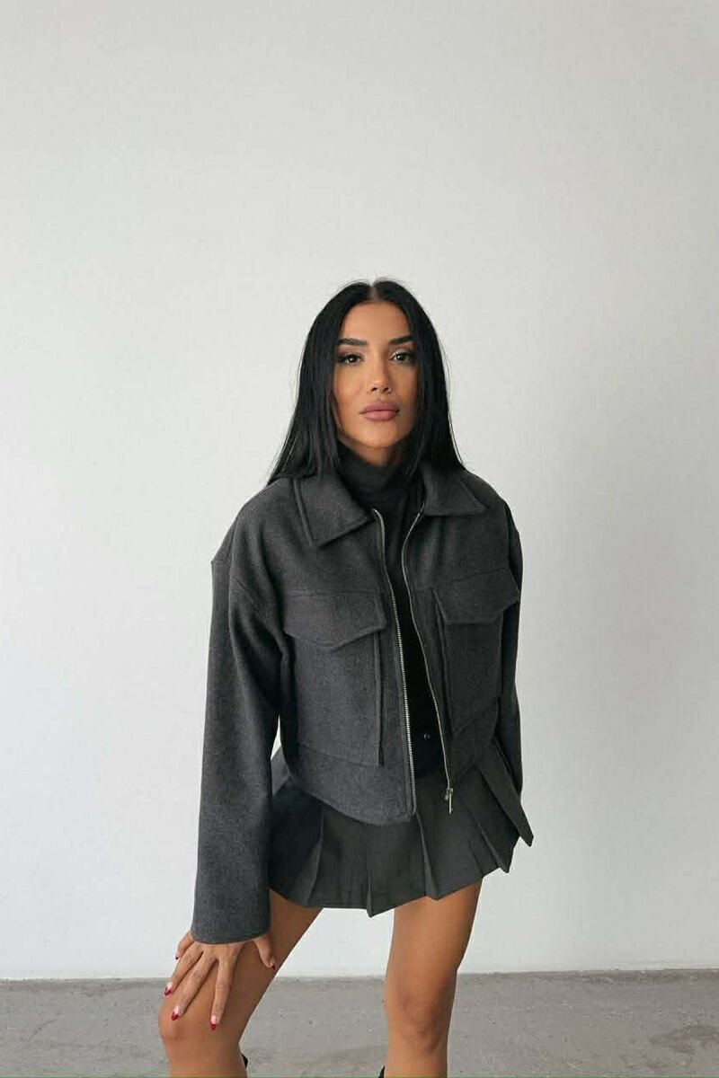 FRONT POCKETS ONE COLOR CROPPED WOMEN JACKET DARK GREY/GEE - 3