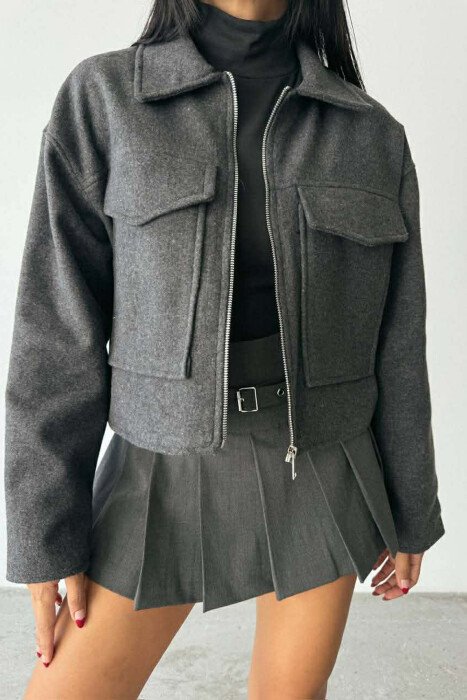 FRONT POCKETS ONE COLOR CROPPED WOMEN JACKET DARK GREY/GEE - 1