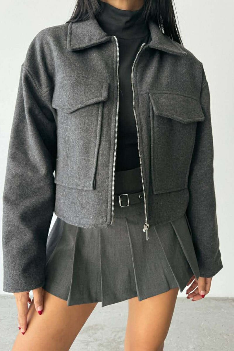 FRONT POCKETS ONE COLOR CROPPED WOMEN JACKET DARK GREY/GEE - 1