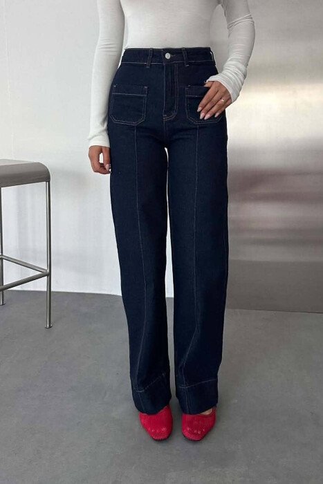 FRONT POCKETS ONE COLOR SIMPLE WOMEN JEANS DARK BLUE/BEE - KLAUDIO FASHION