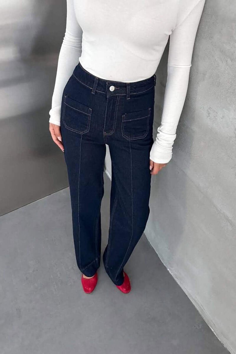 FRONT POCKETS ONE COLOR SIMPLE WOMEN JEANS DARK BLUE/BEE - 2