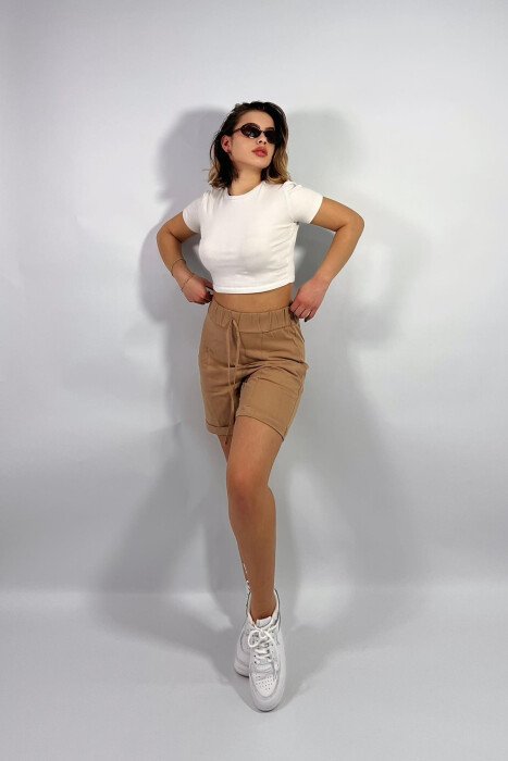 FRONT POCKETS ONE COLOR WOMEN SHORTS BEIGE/BEZHE - 1