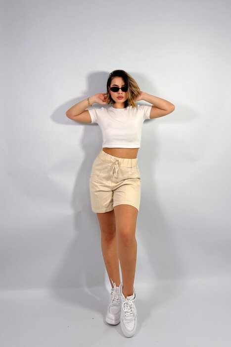 FRONT POCKETS ONE COLOR WOMEN SHORTS CREAM/KREM - 3