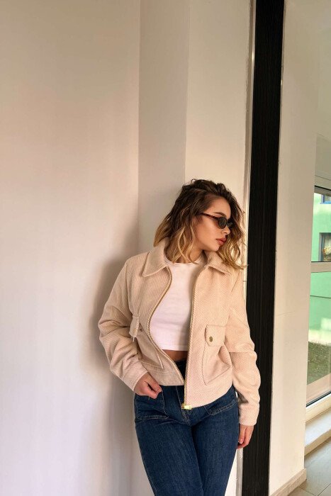 FRONT POCKETS SHORT WOMEN JACKET BEIGE/BEZHE - 4