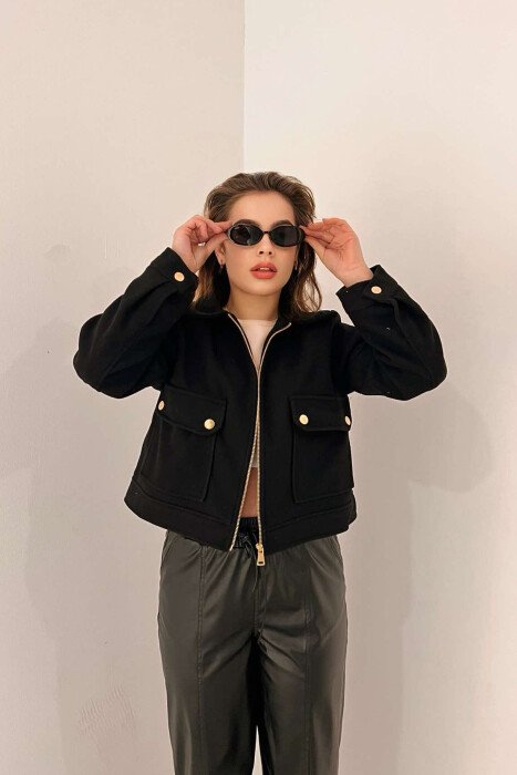 FRONT POCKETS SHORT WOMEN JACKET BLACK/ E ZEZE - 5