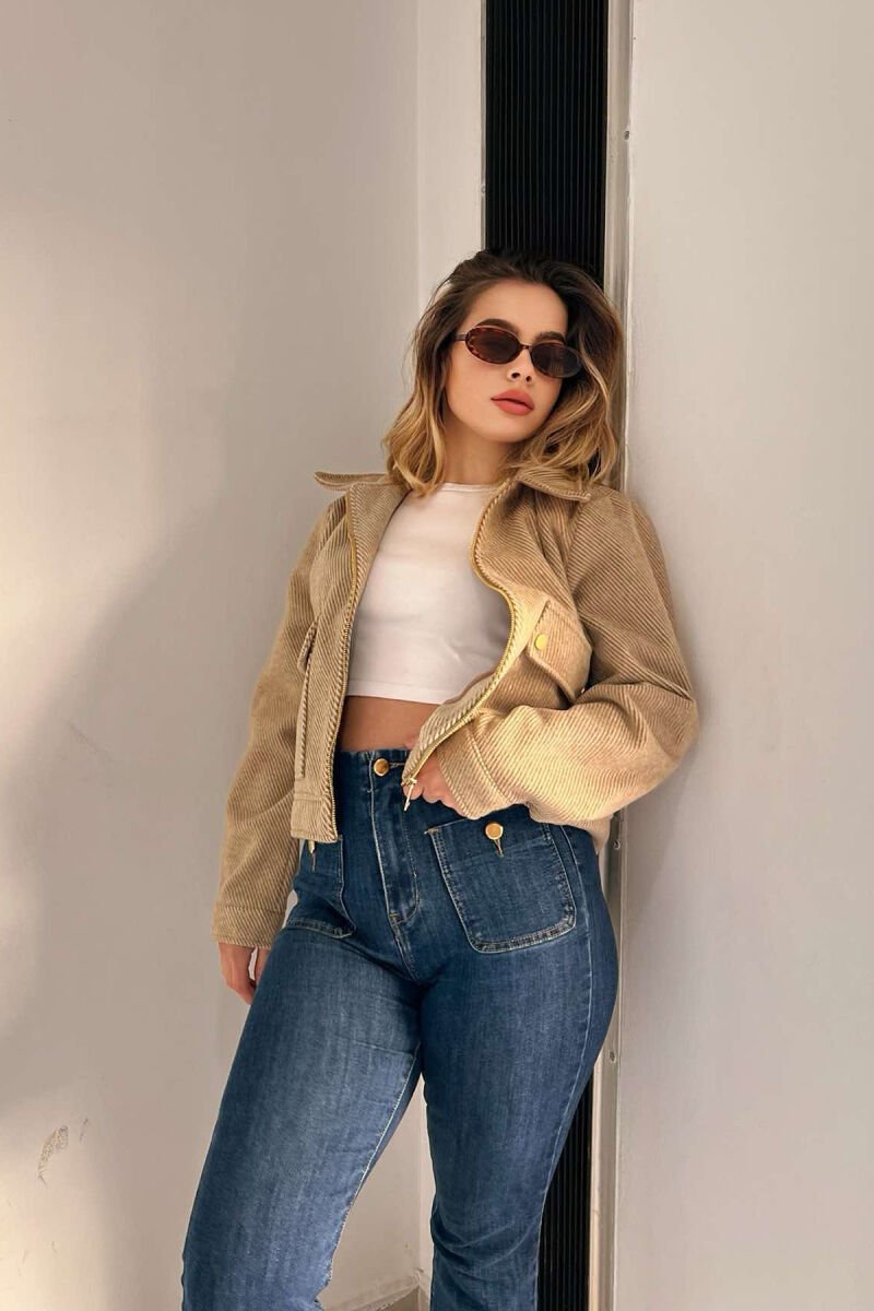 FRONT POCKETS SHORT WOMEN JACKET DARK BEIGE/BEZHE ERRET - 3