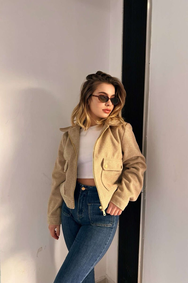 FRONT POCKETS SHORT WOMEN JACKET DARK BEIGE/BEZHE ERRET - 4