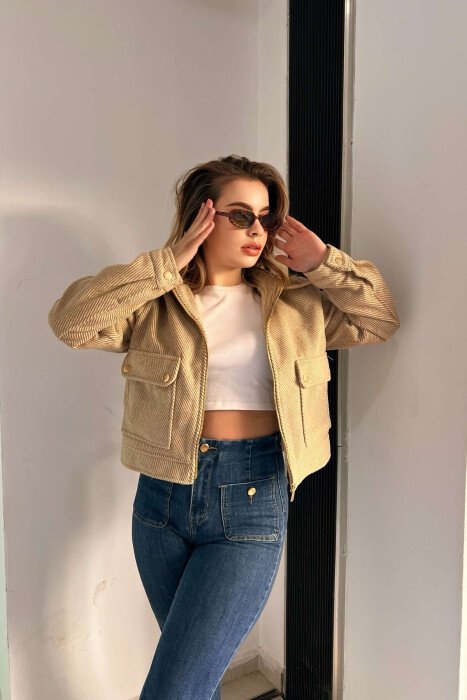 FRONT POCKETS SHORT WOMEN JACKET DARK BEIGE/BEZHE ERRET - 5