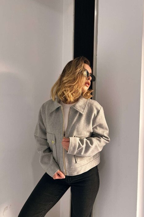 FRONT POCKETS SHORT WOMEN JACKET LIGHT GREY/GZ - 2
