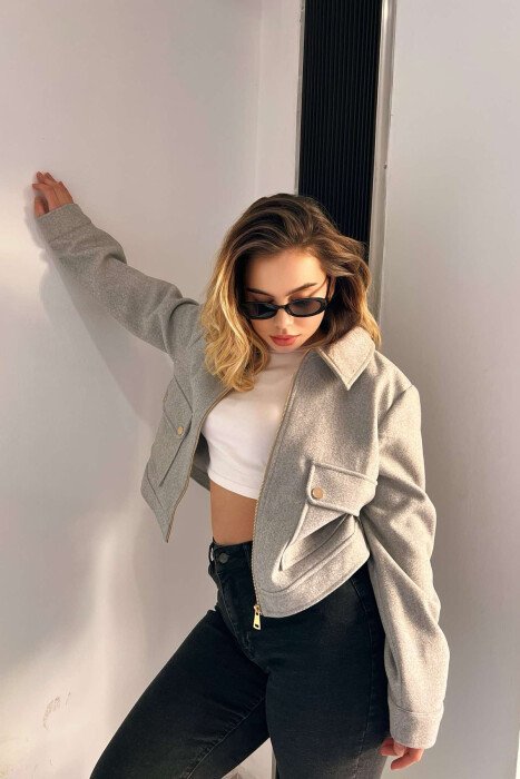 FRONT POCKETS SHORT WOMEN JACKET LIGHT GREY/GZ - 3