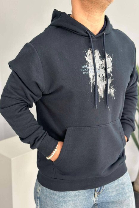 FRONT SKULL DESIGN MEN HOODIE DARK BLUE/BEE - KLAUDIO FASHION