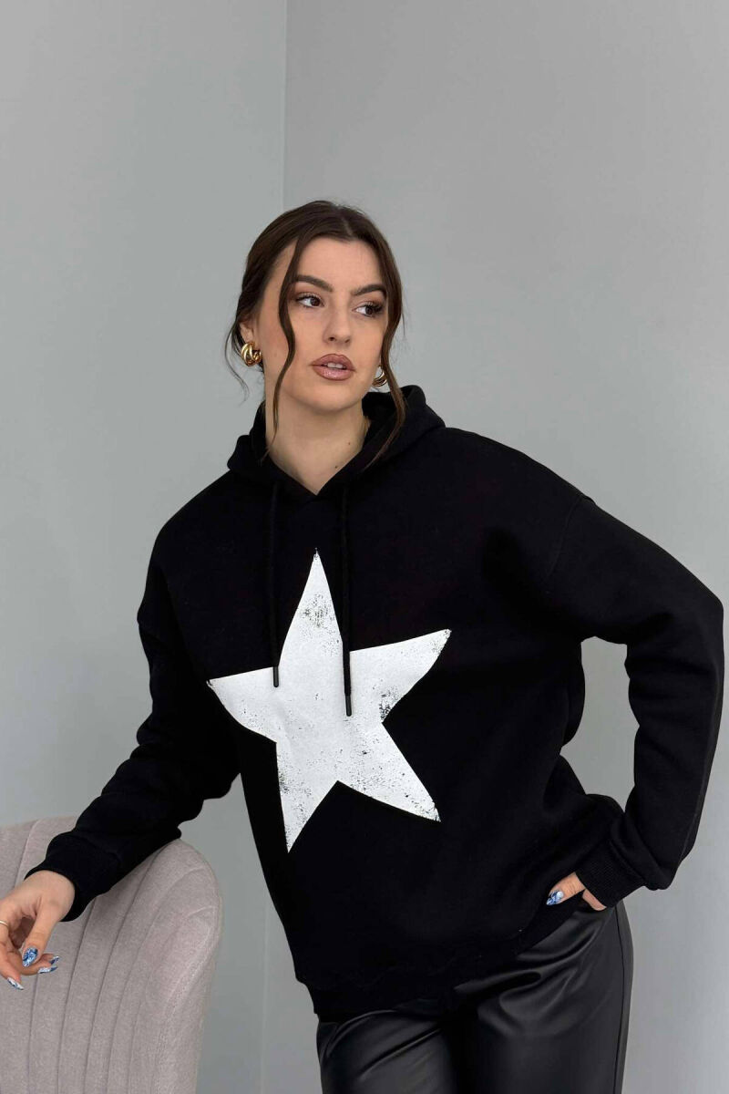 FRONT STAR LOGO ONE COLOR WOMEN HOODIE BLACK/ E ZEZE - 4