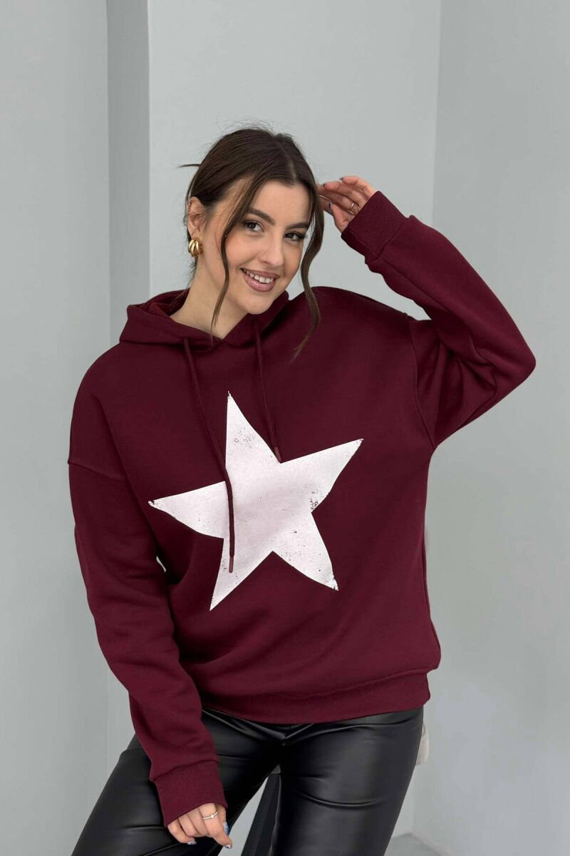 FRONT STAR LOGO ONE COLOR WOMEN HOODIE BURGUNDY/VISHNJE - 4