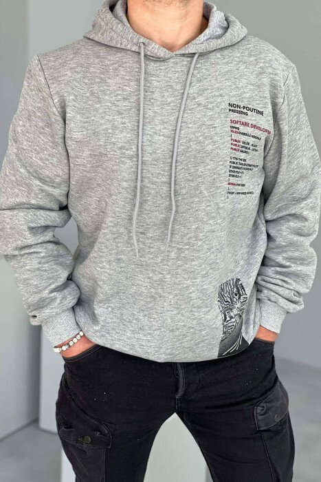 FRONT WRITING ONE COLOR FLUFFY MEN HOODIE LIGHT GREY/GZ - KLAUDIO FASHION