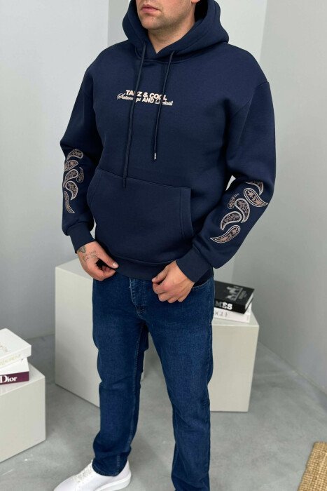 FRONT WRITTING DESIGNED FLUFFY MEN HOODIE DARK BLUE/BEE - 2