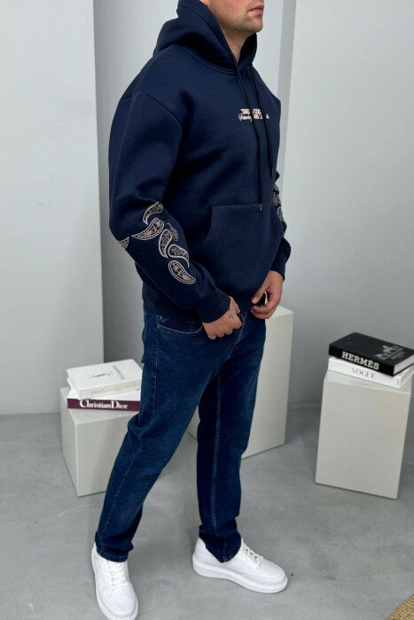 FRONT WRITTING DESIGNED FLUFFY MEN HOODIE DARK BLUE/BEE - 1