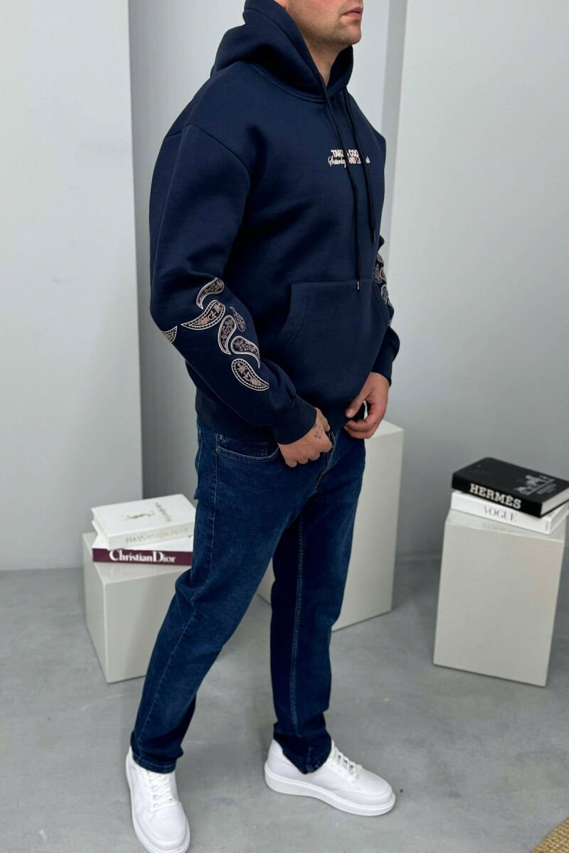 FRONT WRITTING DESIGNED FLUFFY MEN HOODIE DARK BLUE/BEE - 1