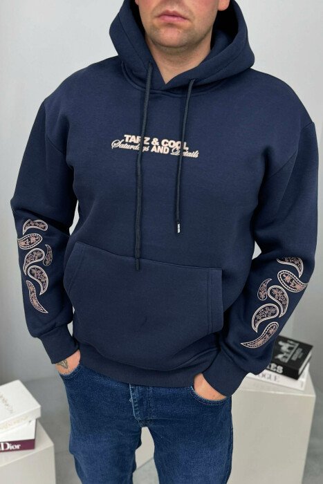 FRONT WRITTING DESIGNED FLUFFY MEN HOODIE DARK BLUE/BEE - 3
