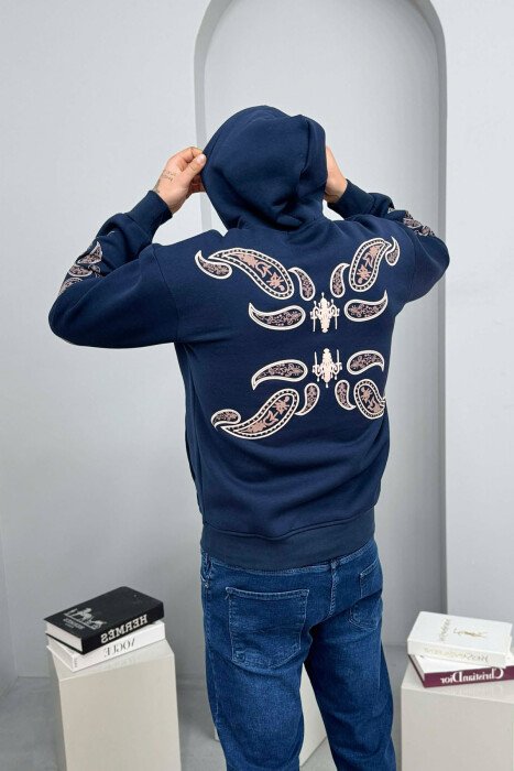 FRONT WRITTING DESIGNED FLUFFY MEN HOODIE DARK BLUE/BEE - 4