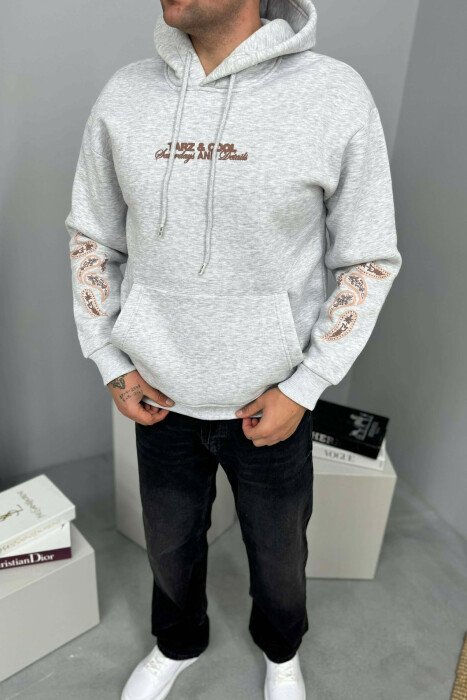 FRONT WRITTING DESIGNED FLUFFY MEN HOODIE LIGHT GREY/GZ - 1