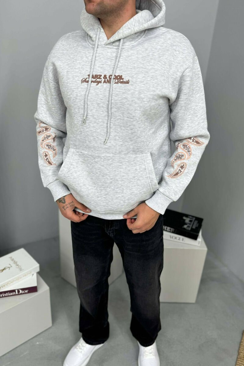 FRONT WRITTING DESIGNED FLUFFY MEN HOODIE LIGHT GREY/GZ - 1