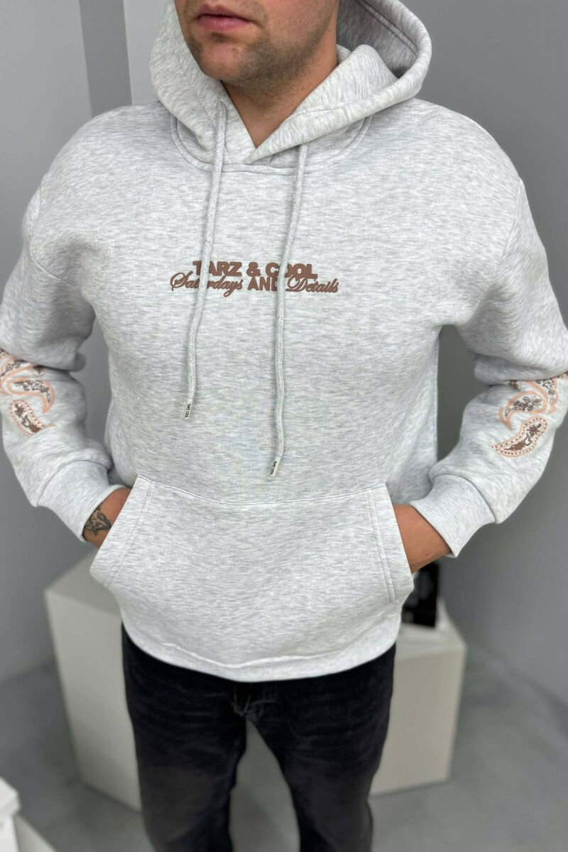 FRONT WRITTING DESIGNED FLUFFY MEN HOODIE LIGHT GREY/GZ - 2
