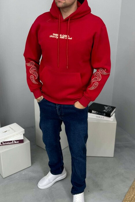 FRONT WRITTING DESIGNED FLUFFY MEN HOODIE RED/E KUQE - 