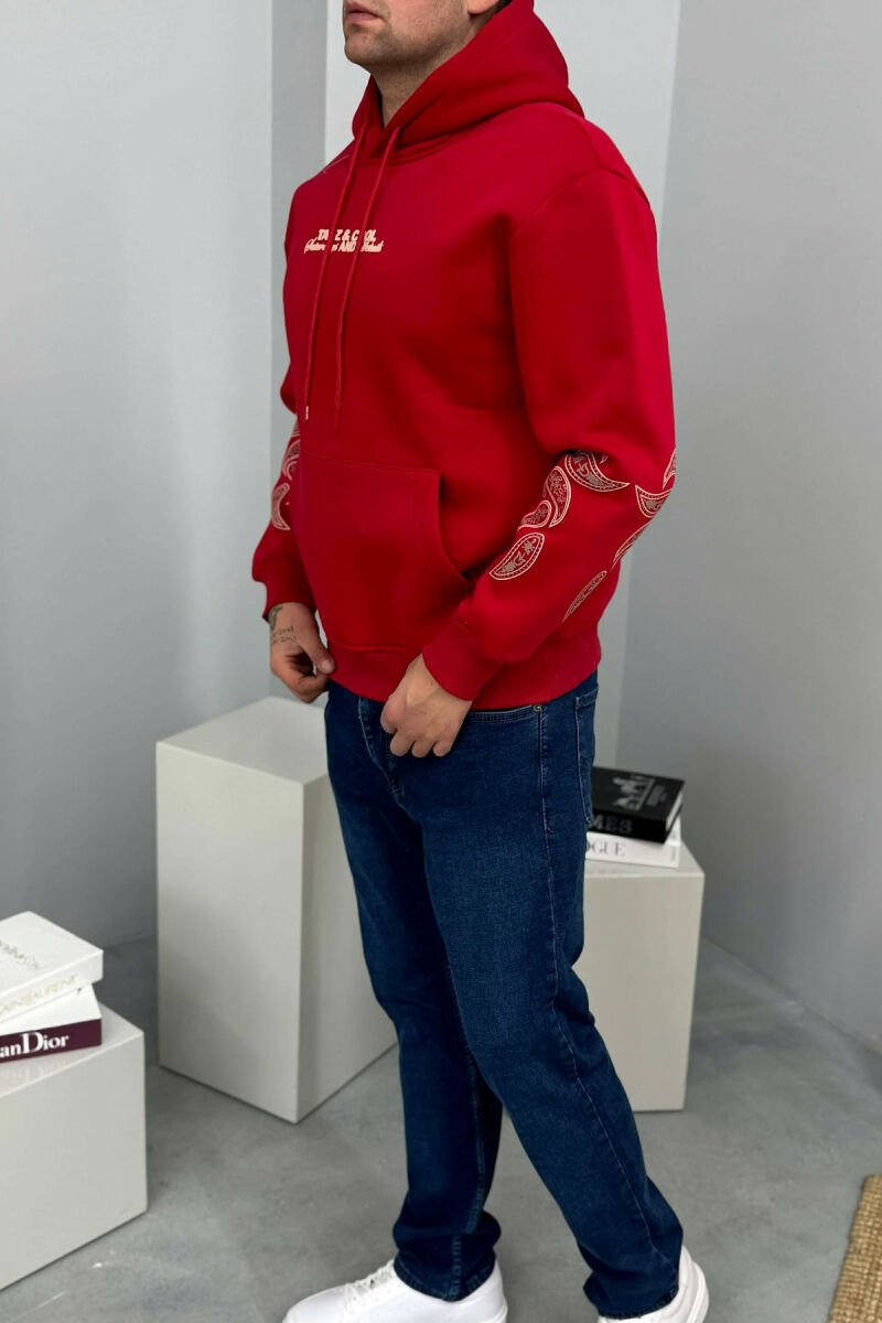 FRONT WRITTING DESIGNED FLUFFY MEN HOODIE RED/E KUQE - 2