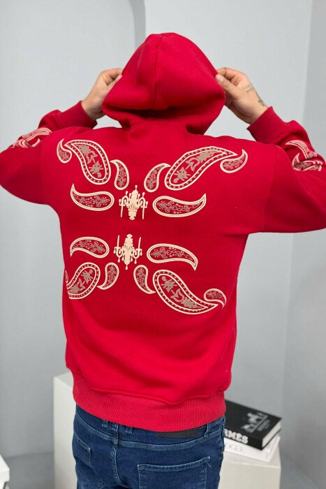 FRONT WRITTING DESIGNED FLUFFY MEN HOODIE RED/E KUQE - 4