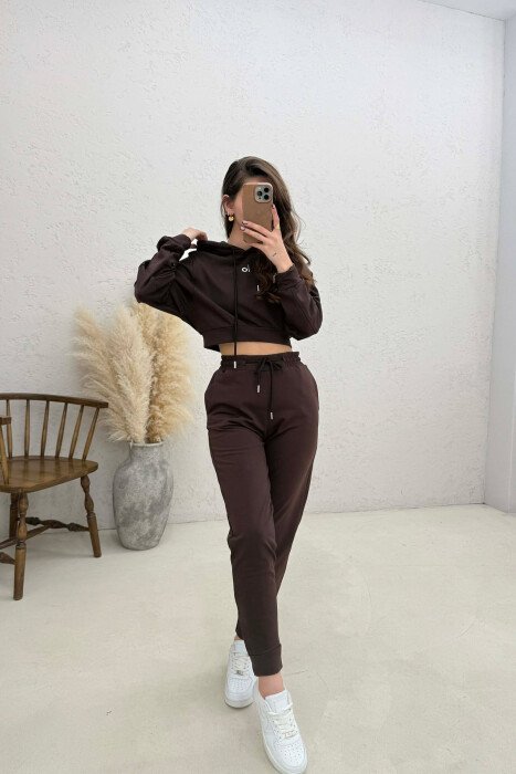 FRONT WRITTING HOODIE + SWEATPANTS WOMAN SET BROWN/KAFE - KLAUDIO FASHION