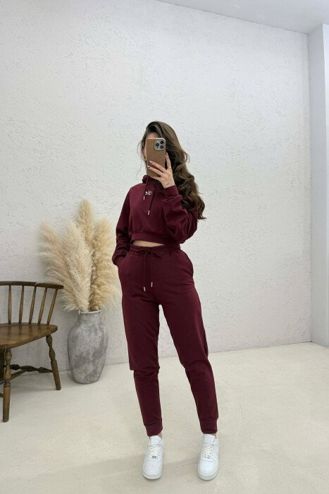FRONT WRITTING HOODIE + SWEATPANTS WOMAN SET BURGUNDY/VISHNJE - KLAUDIO FASHION