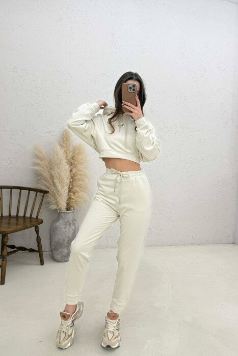 FRONT WRITTING HOODIE + SWEATPANTS WOMAN SET CREAM/KREM - KLAUDIO FASHION