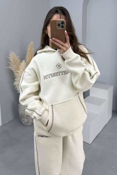 FRONT WRITTING HOODIE+SWEATPANTS WOMEN SET CREAM/KREM - 5