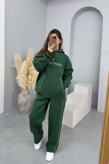 KOSTUM HOODIE ME SHKRIM NË PJESËN PARA+TUTA PËR FEMRA NË NGJYRË JESHILE 