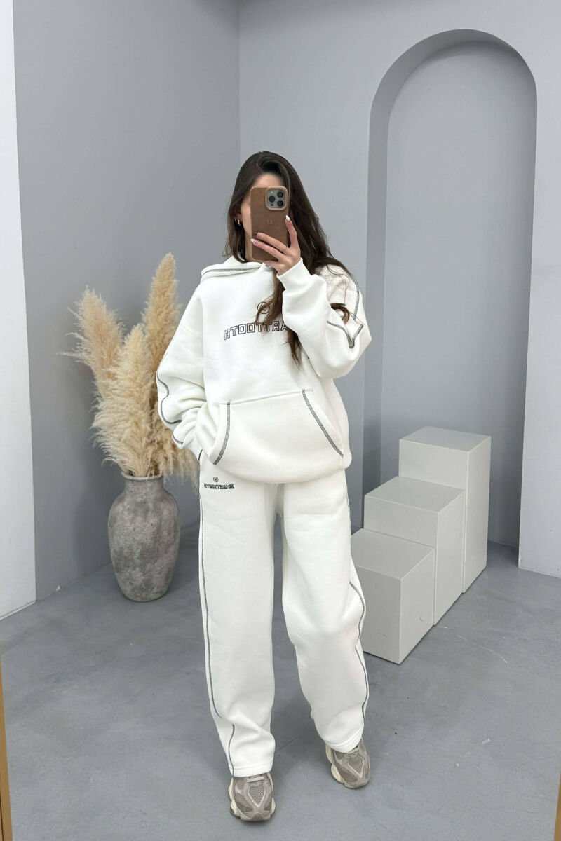 FRONT WRITTING HOODIE+SWEATPANTS WOMEN SET WHITE-E BARDHE - 1