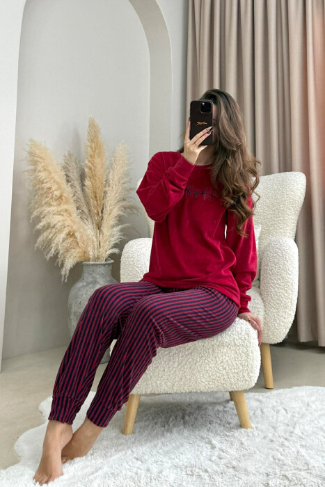FRONT WRITTING ROUND NECK SWEATSHIRT+SWEATPANTS WOMEN PYJAMAS BURGUNDY/VISHNJE - KLAUDIO FASHION