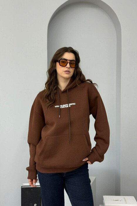 FRONT WRITTINGS & BACK DESIGN FLUFFY WOMEN HOODIE BROWN/KAFE 