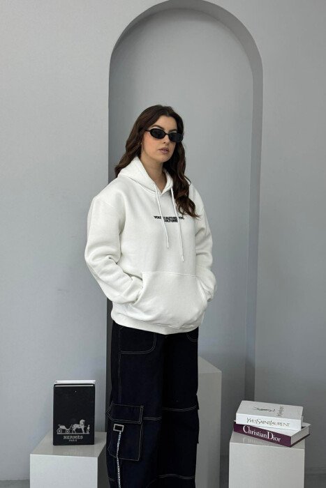 FRONT WRITTINGS & BACK DESIGN FLUFFY WOMEN HOODIE WHITE-E BARDHE 