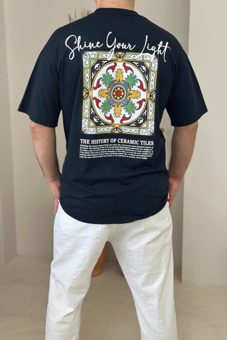 FRONT WRITTINGS & BACK IMAGE ROUND NECK MEN T-SHIRT DARK BLUE/BEE - 2