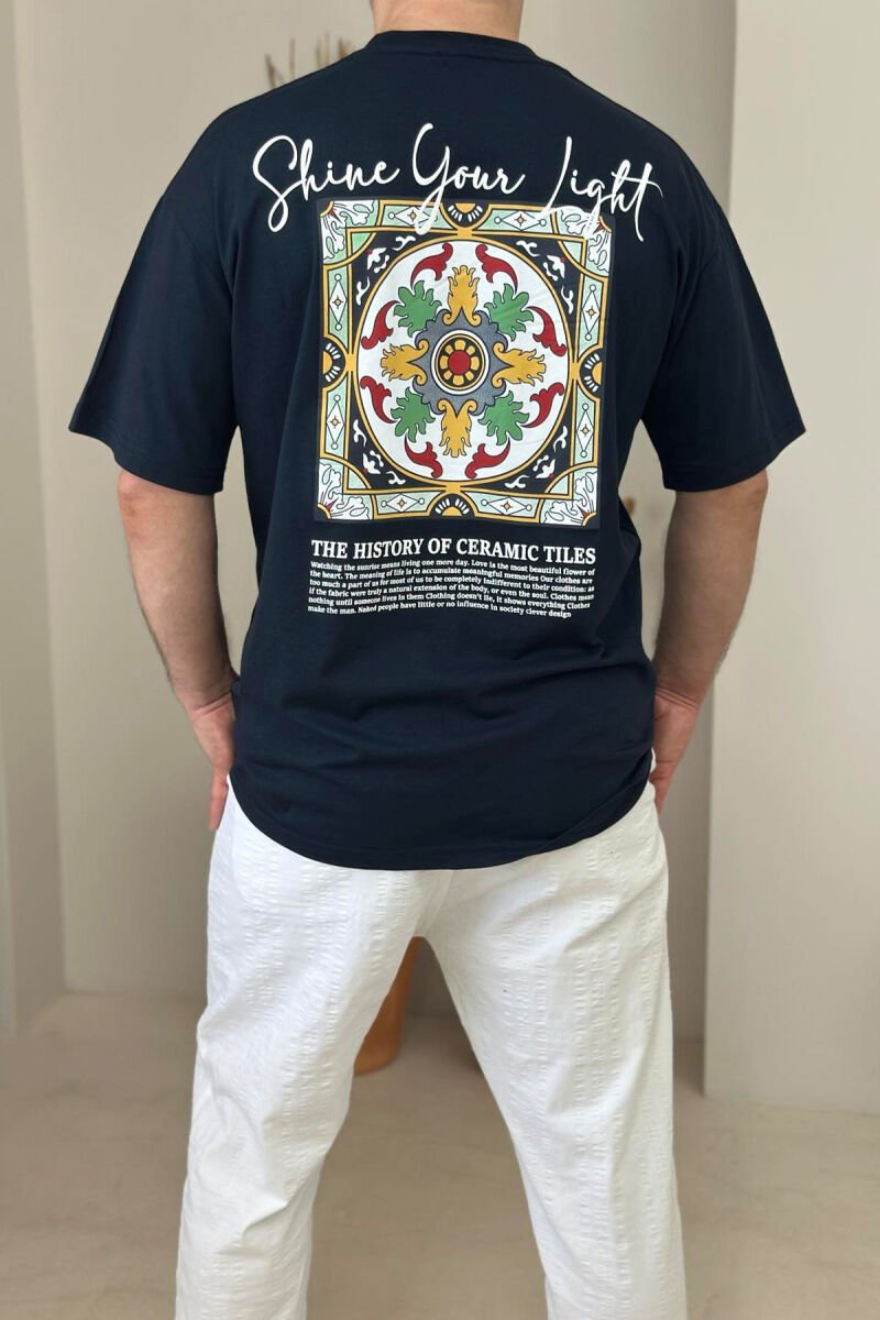 FRONT WRITTINGS & BACK IMAGE ROUND NECK MEN T-SHIRT DARK BLUE/BEE - 2
