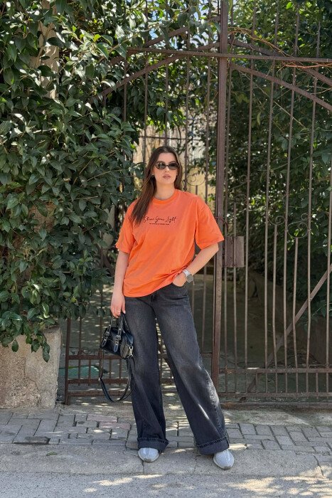 FRONT WRITTINGS BACK IMAGE WOMEN T-SHIRT + 6 PAIR SOCKS ORANGE/PORTOKALLI - 4