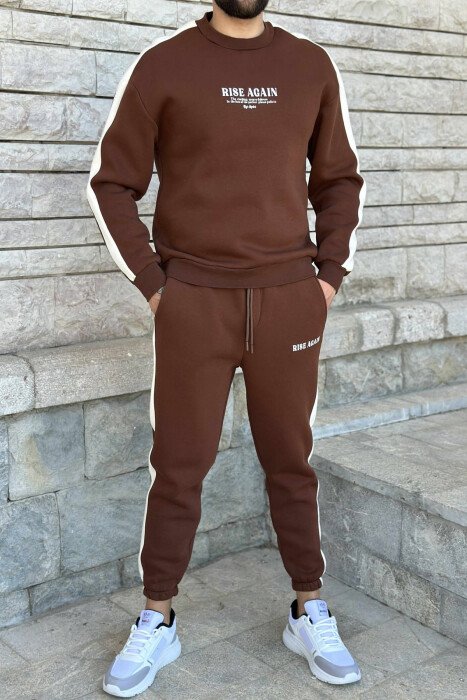 FRONT WRITTINGS SWEATSHIRT+JOGGERS FLUFFY MEN SET BROWN/KAFE - 1