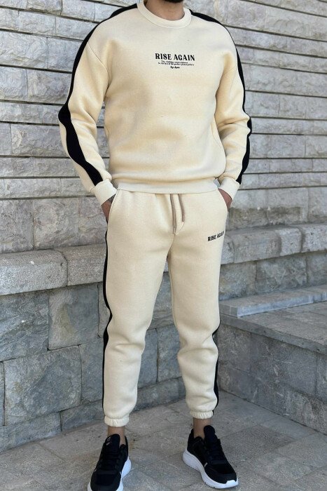 FRONT WRITTINGS SWEATSHIRT+JOGGERS FLUFFY MEN SET LIGHT BEIGE/BZHZB - KLAUDIO FASHION